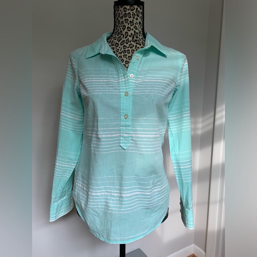 Vineyard Vines Women's Sz 0 Cotton Blend Striped Popover Teal Roll Tab